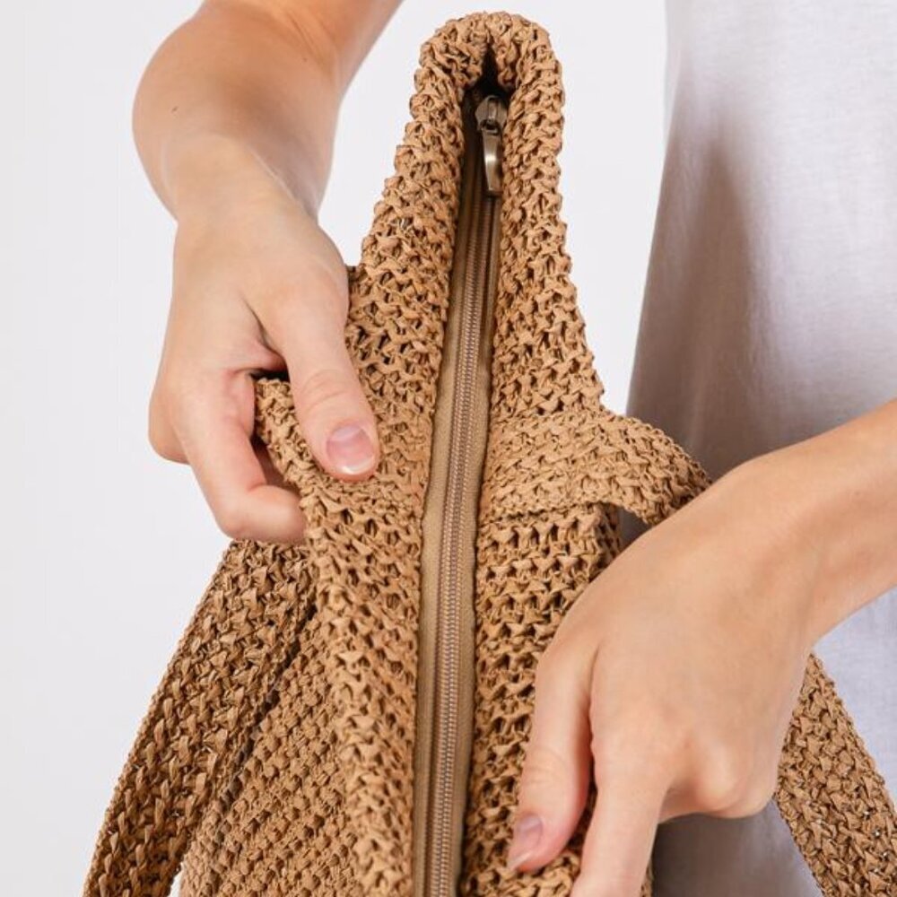 Solid Color Crochet Straw Tote Beach Bag - Taupe/Light Brown - Picture 2 of 6